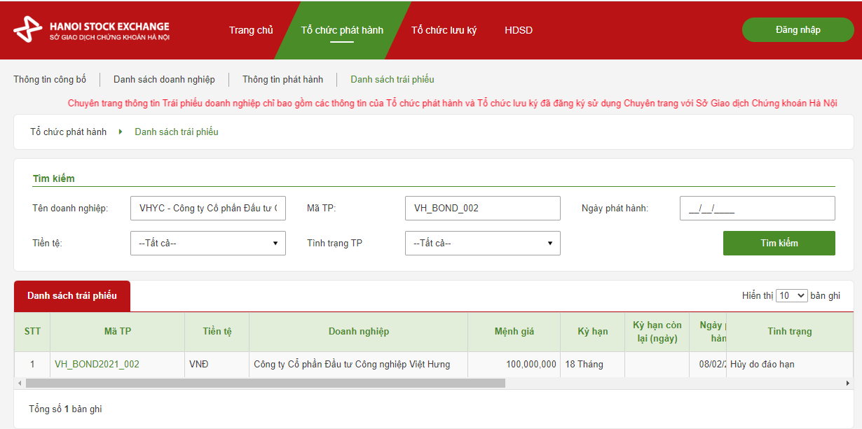 Thông tin mã trái phiếu VH_BOND_002