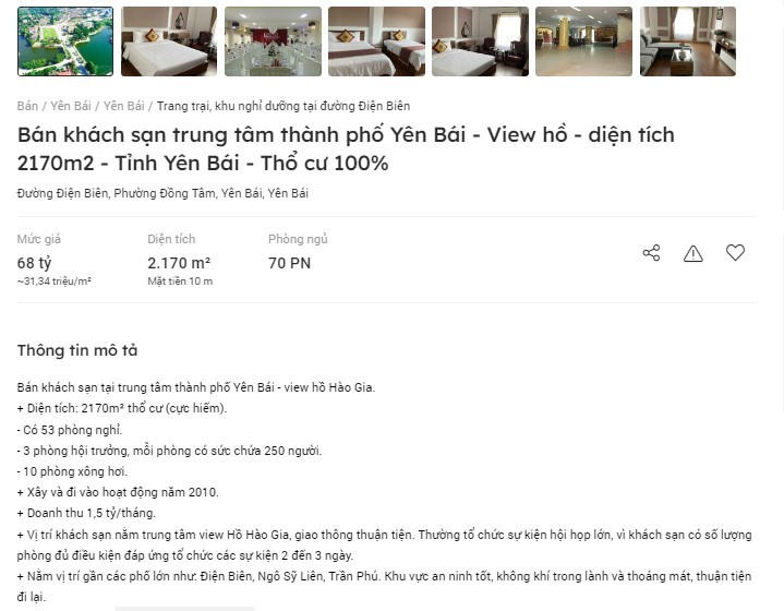 Một khách sạn view hồ được rao bán 68 tỷ đồng tại Yên Bái. &nbsp;