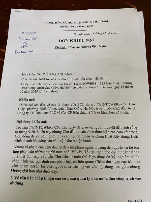 Cư dân Twin Towers-265 Cầu Giấy của FLC 'tố' Chủ đầu tư có nhiều vi phạm?
