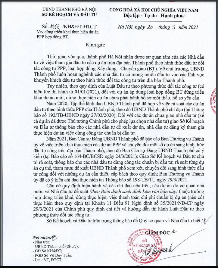 Văn bản số 1966 về việc dừng triển khai thực hiện dự án PPP theo hình thức BT &nbsp;