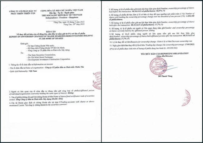 Thông báo về việc thay đổi tỷ lệ sở hữu của cổ đông lớn Thiên Tân tại DIC Corp. &nbsp;