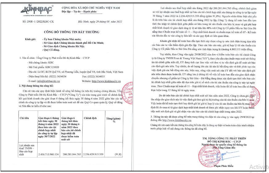Kinh Bắc giải trình chênh lệch tài chính sau xét soát &nbsp;