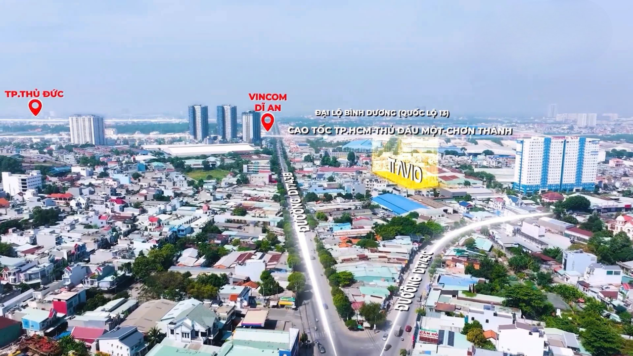 Nằm ngay mặt tiền đường DT 743C, P. Tân Đông Hiệp (Dĩ An), sát cạnh Vincom Plaza và Tp.Thủ Đức (Tp.HCM), từ TT AVIO chỉ mất khoảng 20-25 phút vào trung tâm TP.HCM. Việc Bình Dương sáp nhập vào Tp.HCM càng gia tăng giá trị đầu tư cho dự án trong tương lai.
