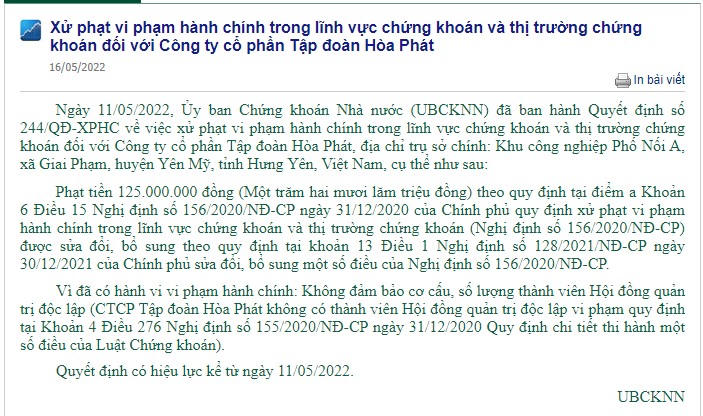 Thông báo về việc xử phạt Tập đoàn Hòa Phát 125 triệu đồng với lý do vi phạm hành chính trong lĩnh vực chứng khoán. &nbsp;