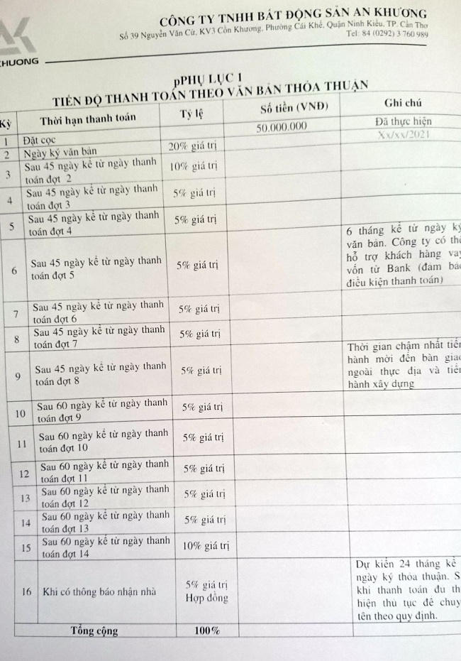 Quy định các đợt nộp tiền mua nhà ở hình thành tương lai tại Khu đô thị mới Cồn Khương. &nbsp;