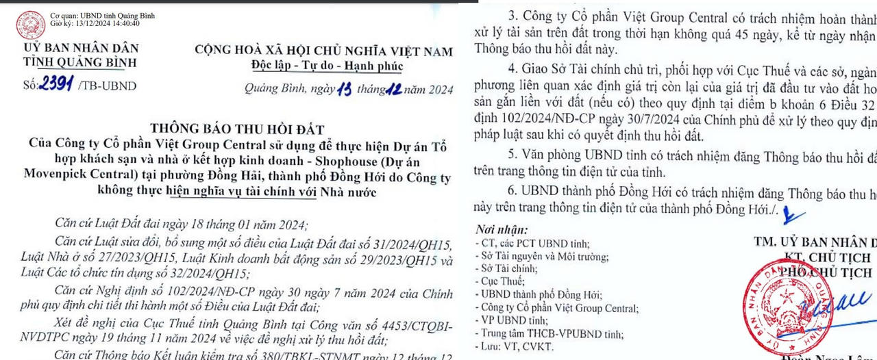 Dự án bị UBND tỉnh Quảng Bình thông báo thu hồi đất.