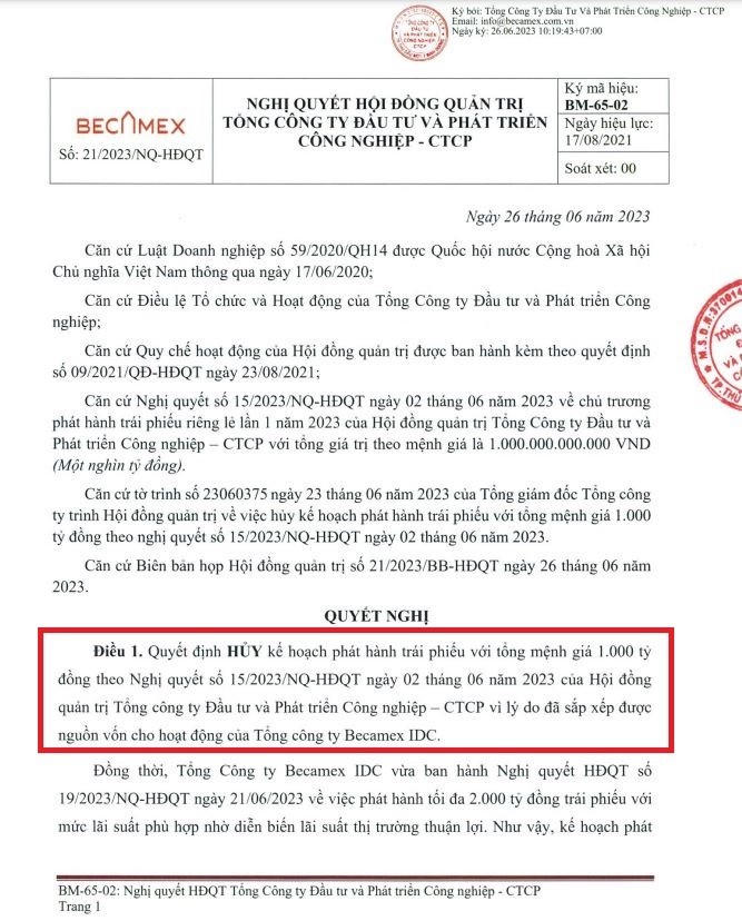 Nghị quyết HĐQT Becamex IDC về việc hủy phát hành 1.000 tỷ đồng trái phiếu. &nbsp;