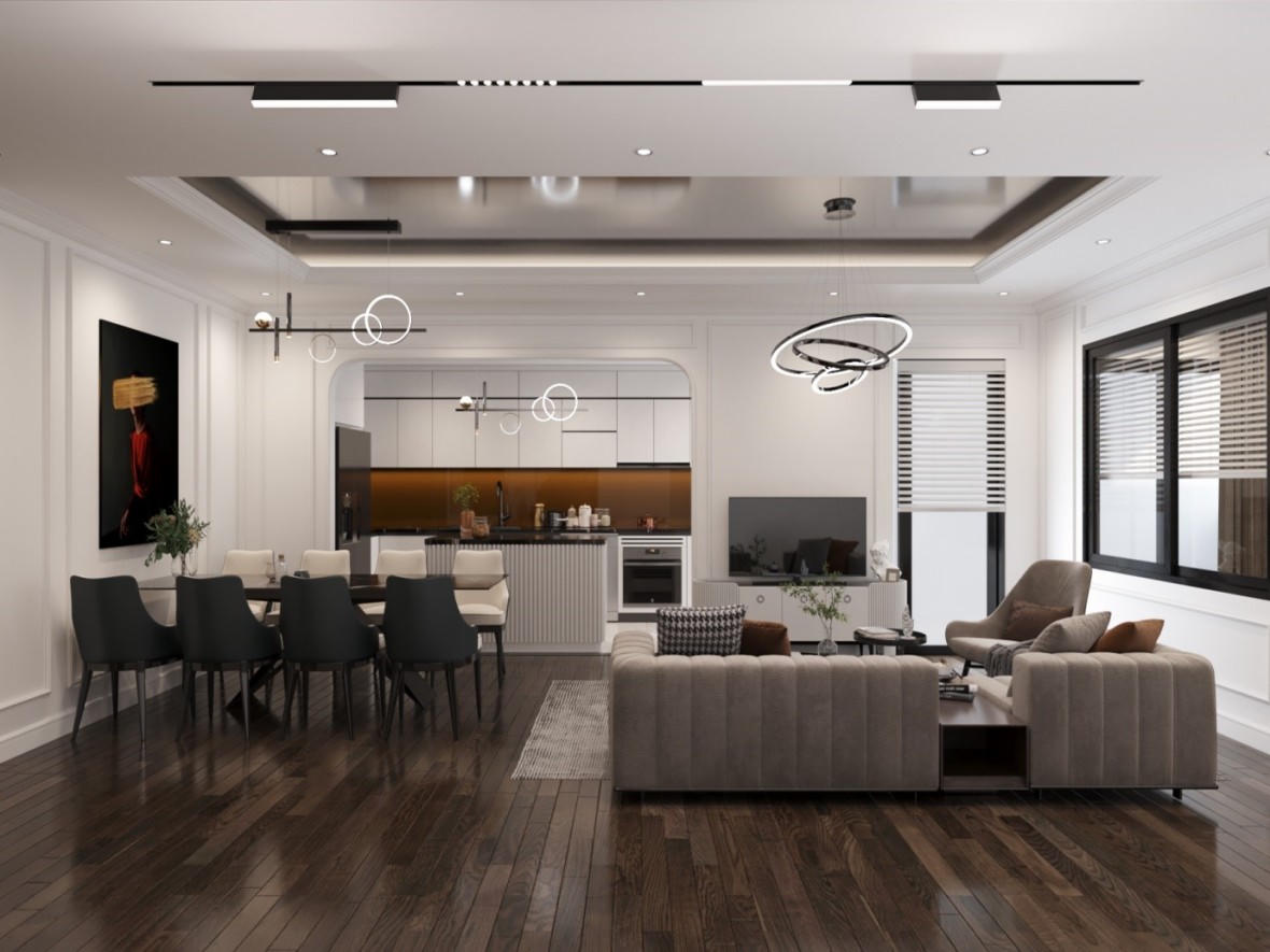 Căn mẫu “biệt thự trên không” tại Tecco Garden được thiết kế theo phong cách tân cổ điển kết hợp hiện đại. &nbsp;