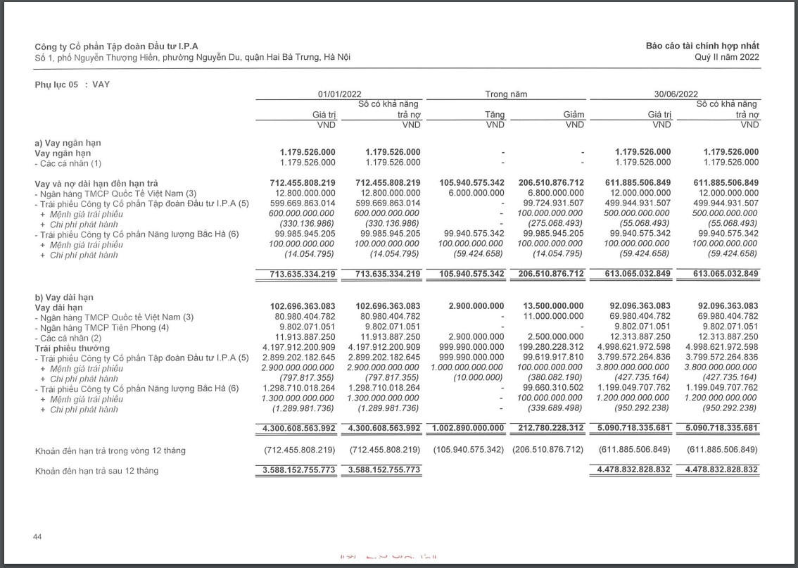 Chi tiết các khoản vay tài chính của IPA đến cuối tháng 6/2022. &nbsp;