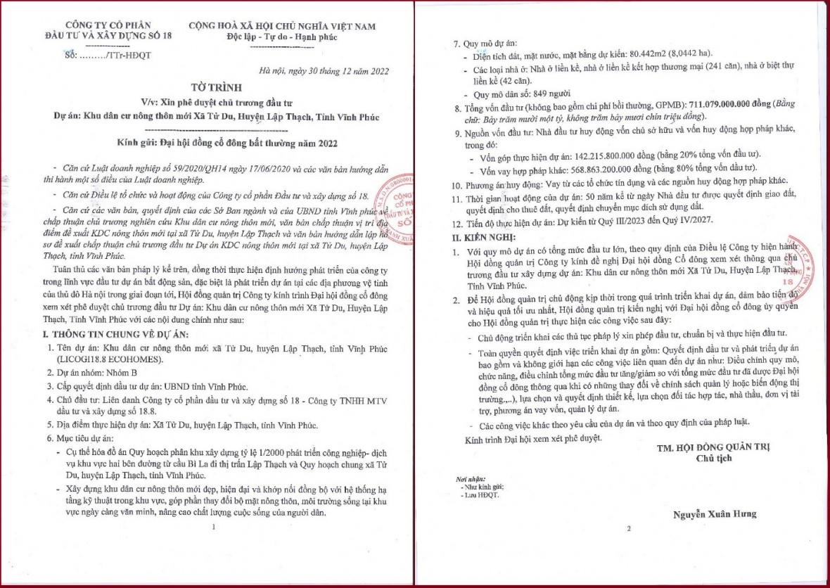 Thông tin tờ trình cổ đông của L18 về việc đầu tư hai dự án tại Vĩnh Phúc và Hải Dương (Nguồn: Tài liệu ĐHĐCĐ bất thường năm 2022 của Licogi 18). &nbsp;