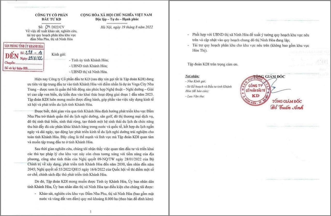Văn bản đề xuất nghiên cứu quy hoạch khu vực 8.000 ha của KDI Holdings tại Khánh Hòa. &nbsp;