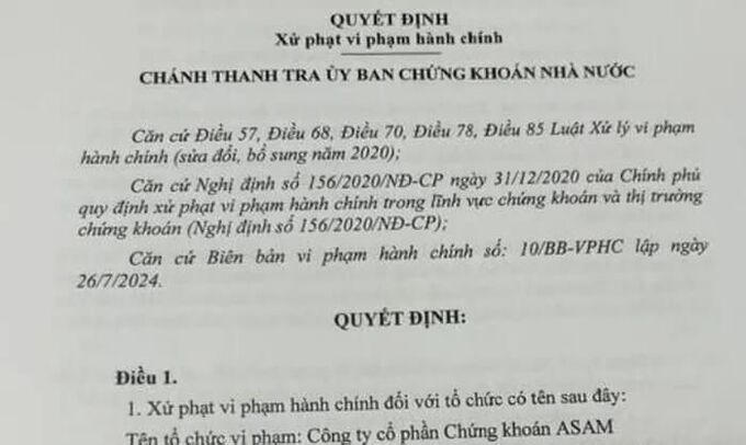 Ủy ban Chứng khoán Nhà nước đã ban hành Quyết định xử phạt hành chính đối với Công ty Cổ phần Chứng khoán ASAM. &nbsp;