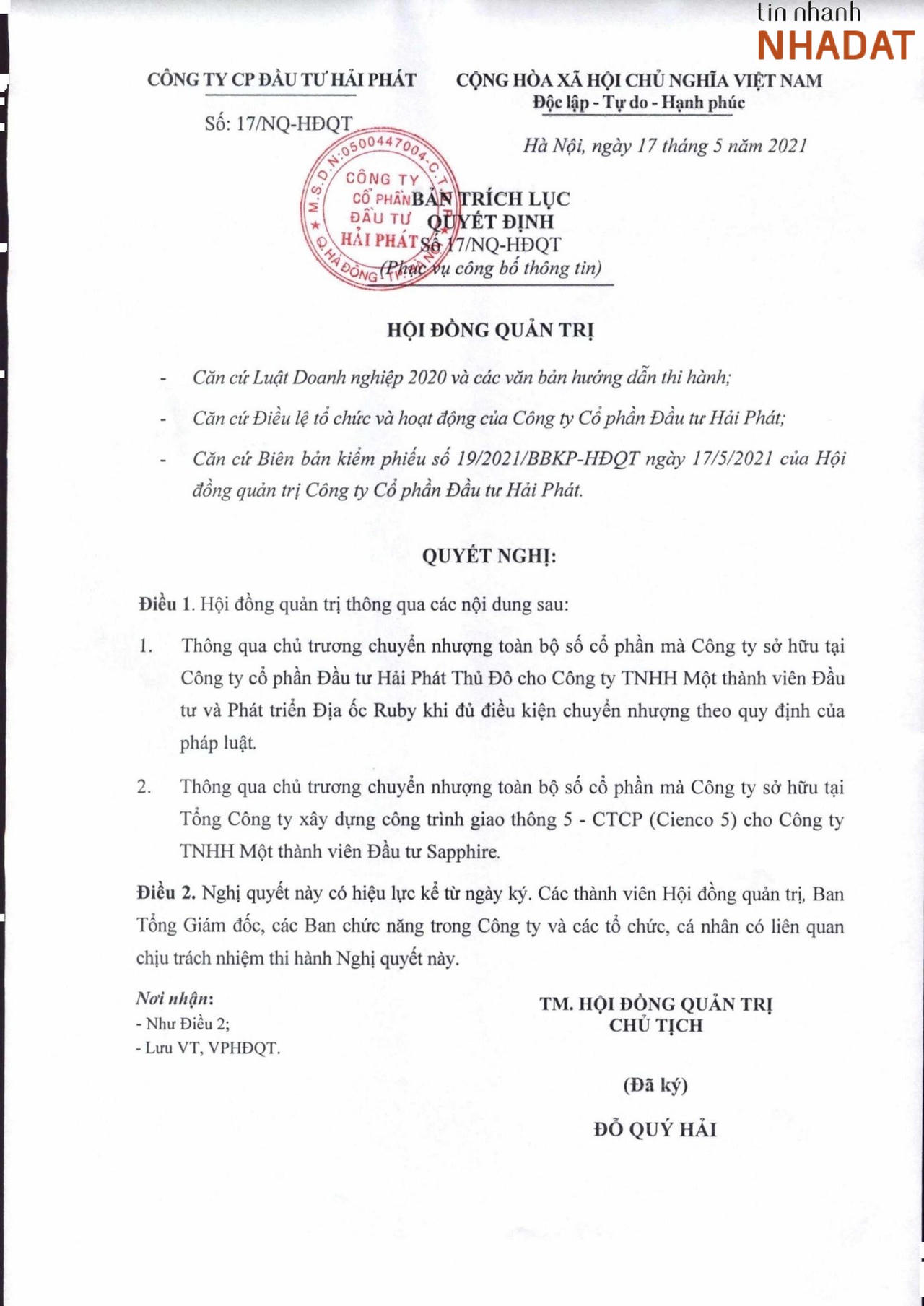 Nghị quyết số 17/NQ-HĐQT ngày 17/5/2021 của Hải Phát. &nbsp;