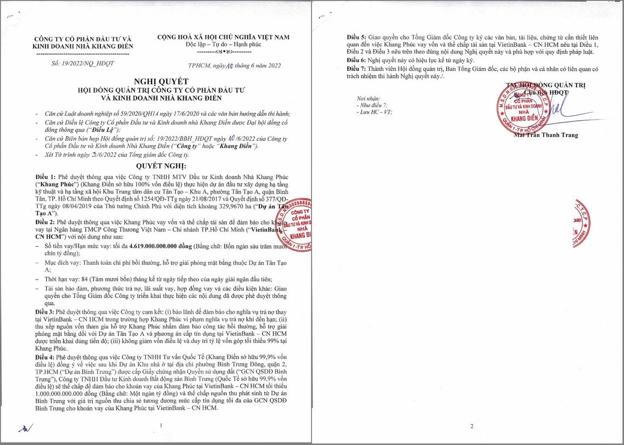 Nghị quyết HĐQT của Nhà Khang Điền. &nbsp;