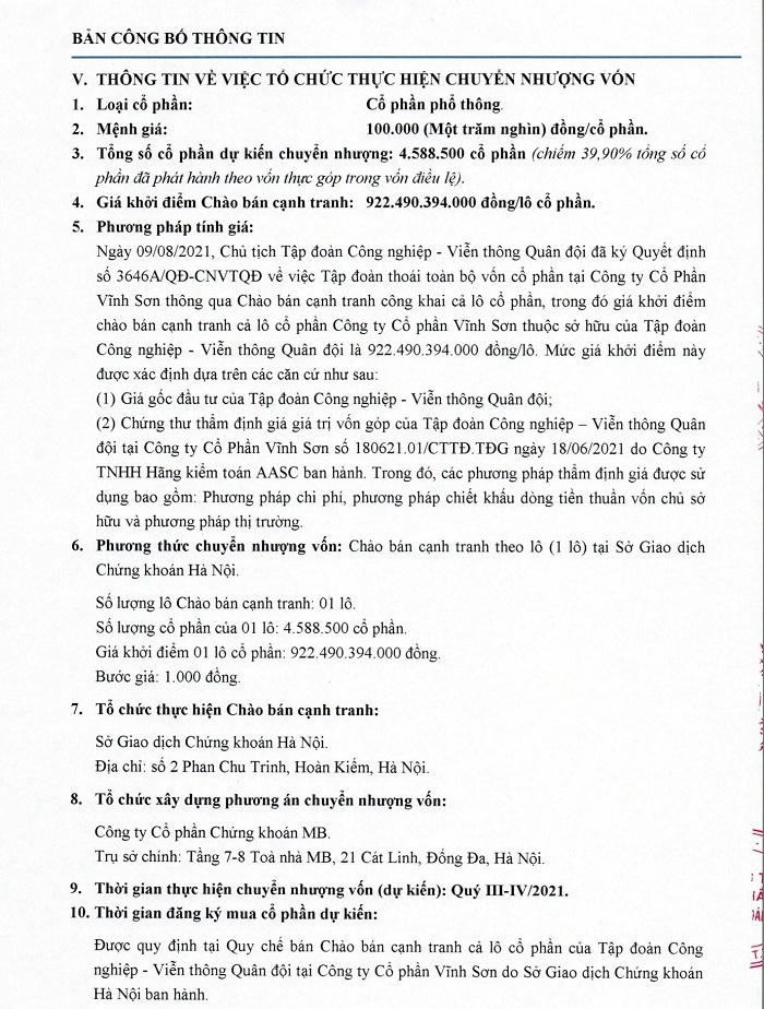 Thông tin về việc Tập đoàn Viettel muốn thoái vốn tại CTCP Vĩnh Sơn. &nbsp;