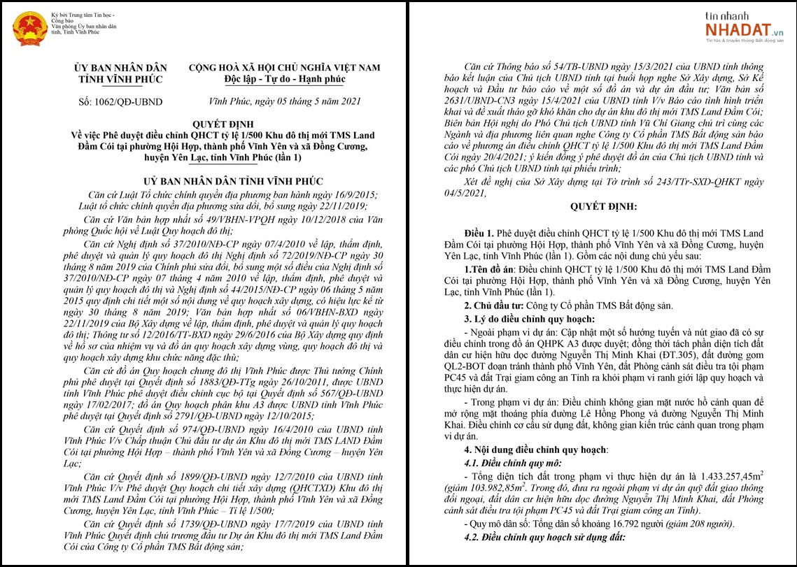 Quyết định số 1062/QĐ-UBND về việc Phê duyệt điều chỉnh quy hoạch chi tiết tỷ lệ 1/500 Khu đô thị mới TMS Đầm Cói. (Nguồn: UBND tỉnh Vĩnh Phúc). &nbsp;