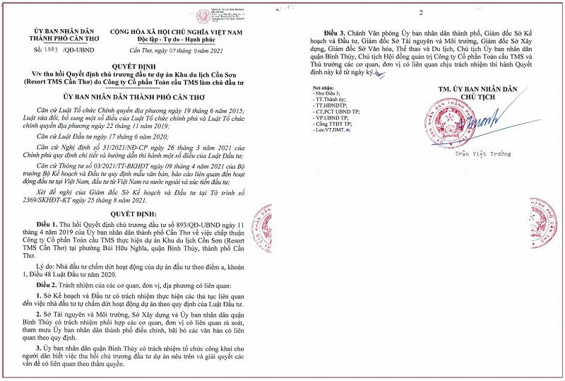 Quyết định thu hồi Quyết định chủ trương đầu tư dự án Khu du lịch Cồn Sơn của TMS Group. &nbsp;