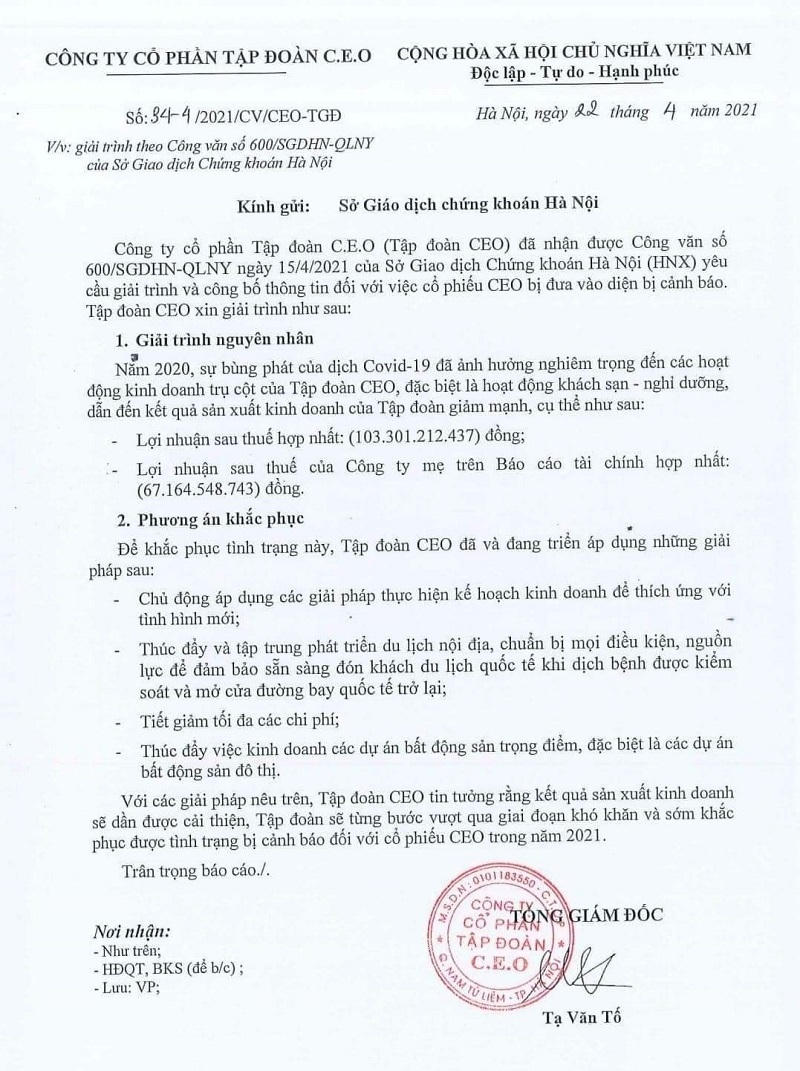 Văn bản giải trình của Tập đoàn CEO Group trước thông tin Cổ phiếu công ty bị đưa vào diện cảnh báo. &nbsp;