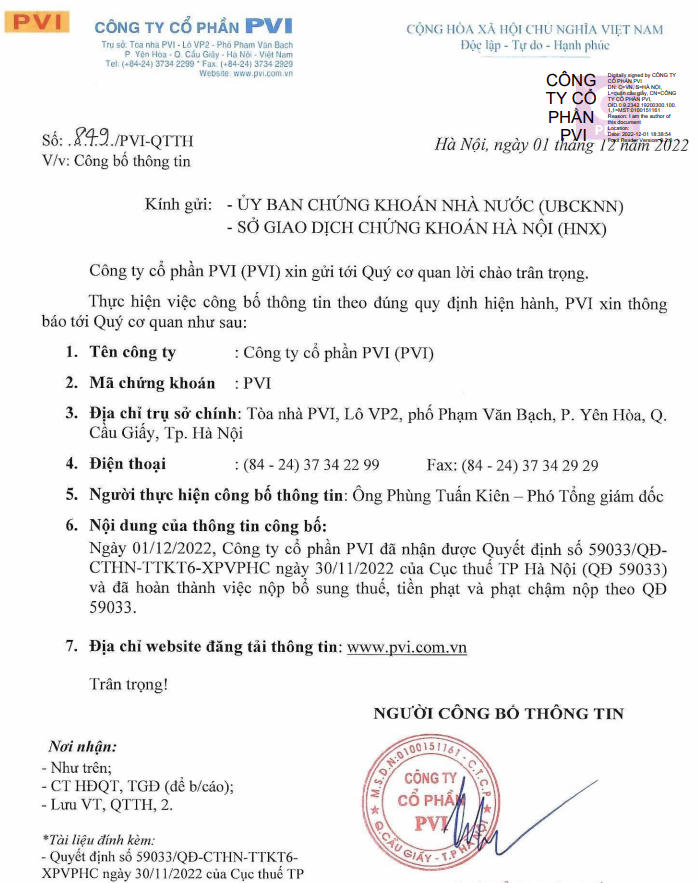 PVI công bố thông tin xử phạt của Cục Thuế Hà Nội