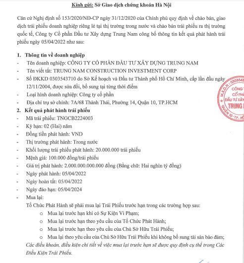 2.700 tỷ đồng trái phiếu tiếp tục chảy về Trungnam Group