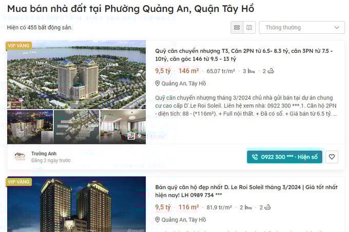 Giá rao bán nhà ở phố Quảng An, quận Tây Hồ, TP. Hà Nội