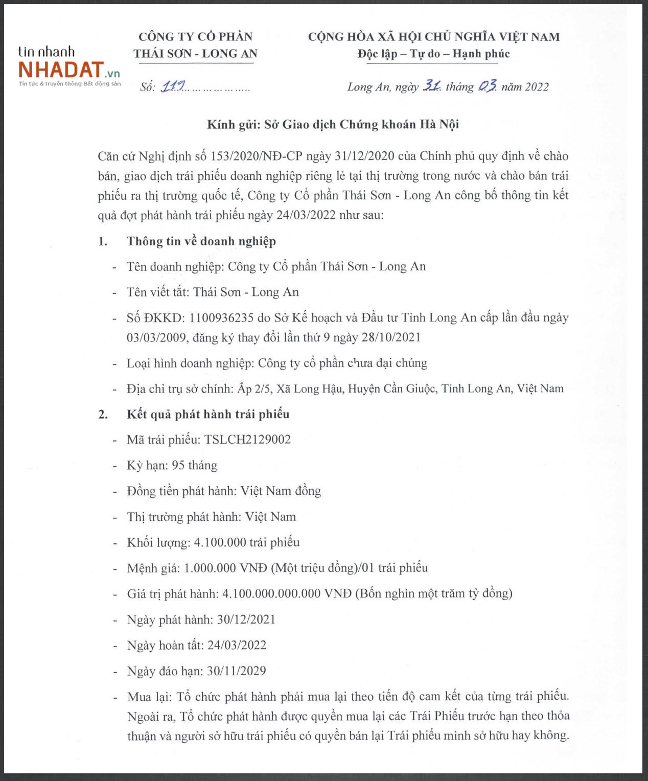 Thông báo về việc Thái Sơn – Long An phát hành thành công lô trái phiếu 4.100 tỷ đồng. &nbsp; &nbsp;