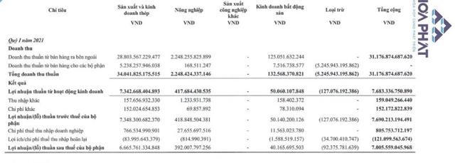 Một số chỉ tiêu tài chính Quý 1/2021 của Tập đoàn Hòa Phát. &nbsp;