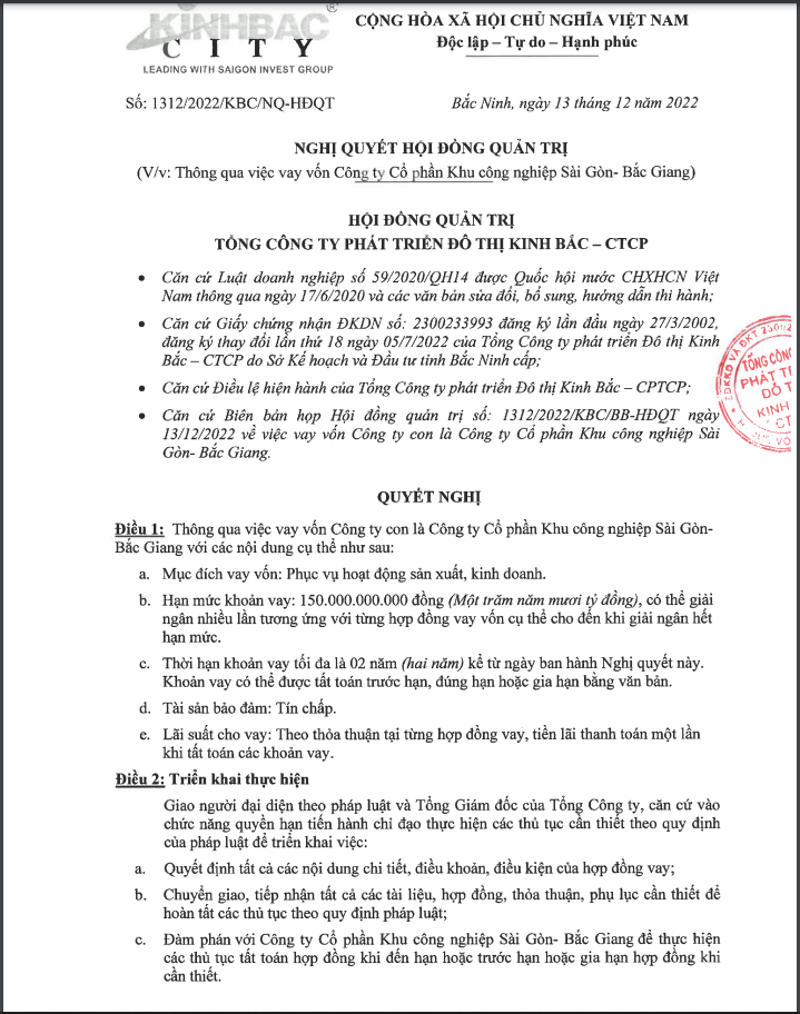 Kinh Bắc vay 460 tỷ đồng và bảo lãnh khoản vay 320 tỷ đồng của các công ty con