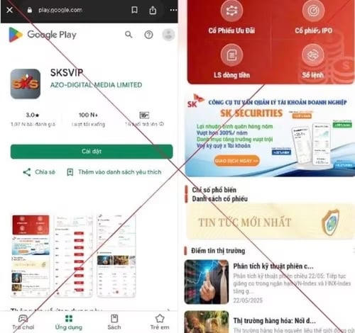 Ứng dụng SKSVIP được thiết kế tinh vi, khiến người dùng tưởng đang giao dịch chứng khoán thật. Ảnh: Công an Hà Nội