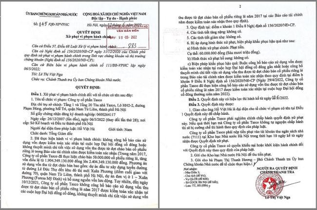 Quyết định xử phạt 60 triệu đồng đối với Tasco về việc không công bố thông tin về báo cáo sử dụng vốn từ việc chào bán cổ phiếu riêng lẻ. &nbsp;