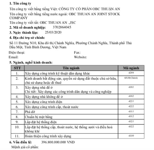 Công ty cổ phần OBC Thuận An có vốn điều lệ&nbsp;396,8 tỷ đồng.