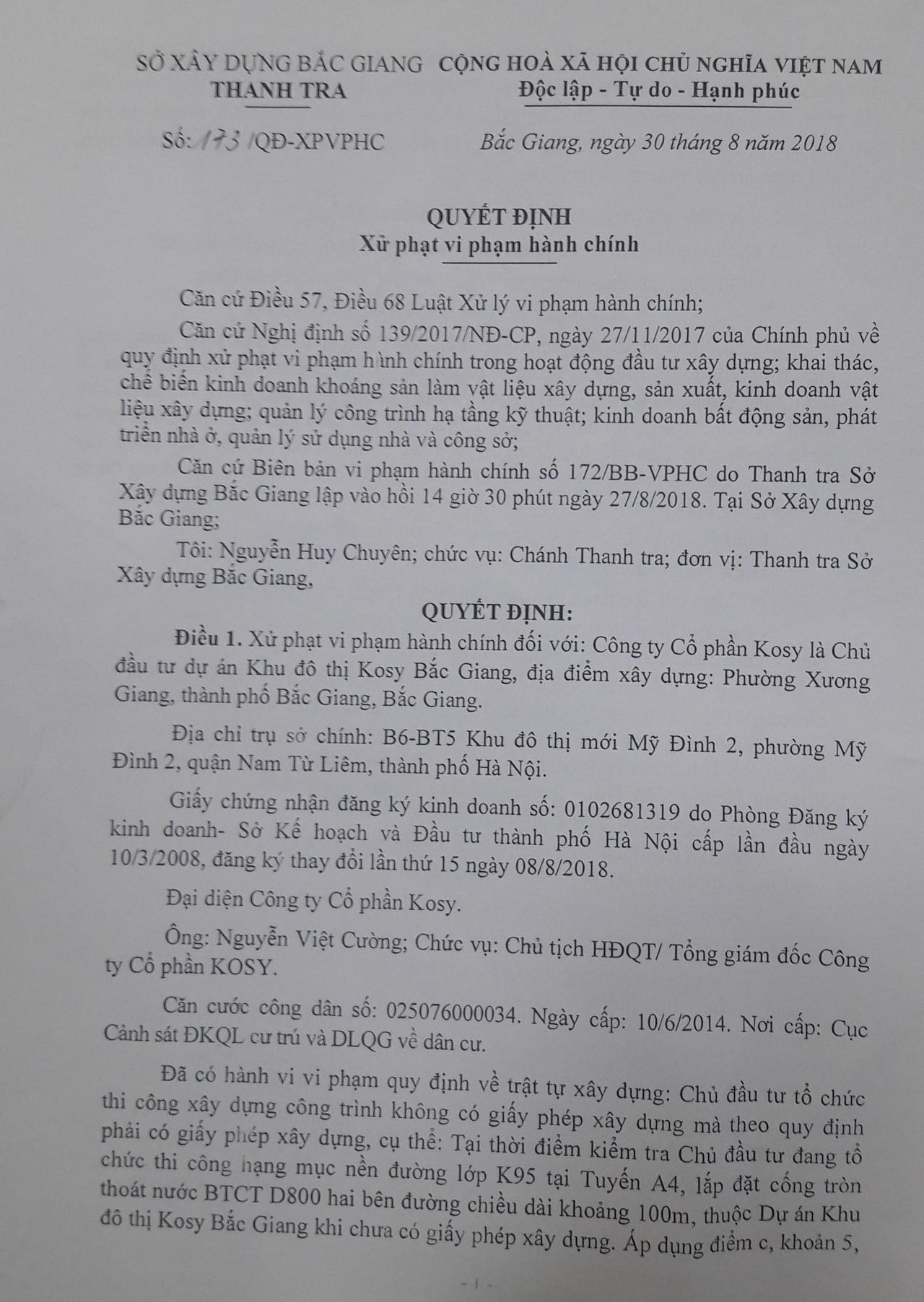 Công ty Cổ phần Kosy bị xử phạt 40 triệu đồng khi chưa được cấp giấy phép xây dựng nhưng đã thi công nhiều hạng mục hạ tầng kỹ thuật. (Ảnh: Trần Tiến)