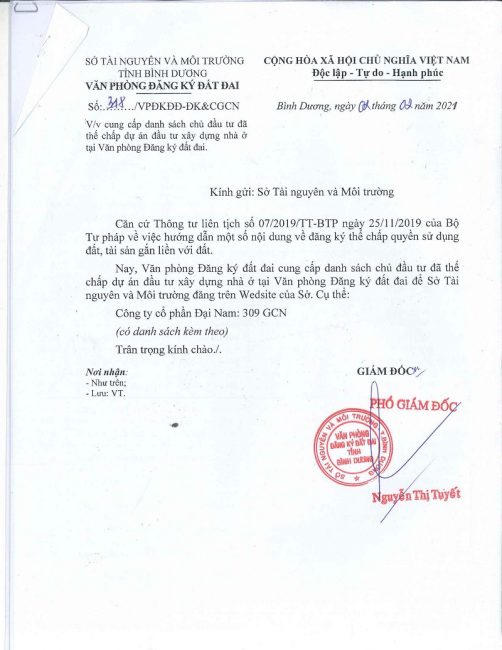 Văn phòng đăng ký đất đai tỉnh Bình Dương cung cấp cho Sở Tài nguyên và Môi trường danh sách 309 giấy chứng nhận quyền sử dụng đất của Công ty Cổ phần Đại Nam tại dự án Khu nhà ở Đại Nam đã thế chấp. &nbsp;