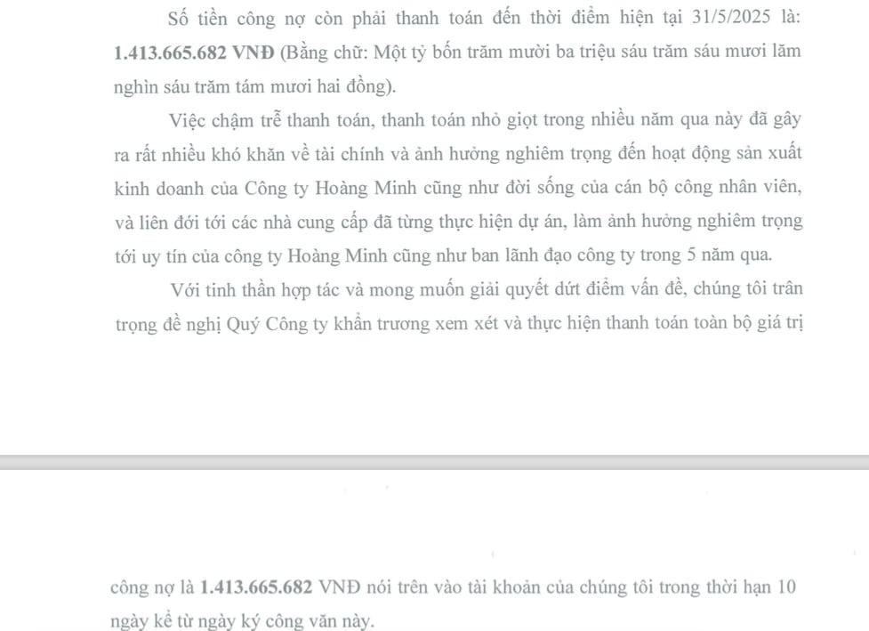 Công ty ACE 6 Việt Nam đã xác nhận còn nợ Công ty Hoàng Minh số tiền hơn 1,4 tỷ đồng &nbsp;