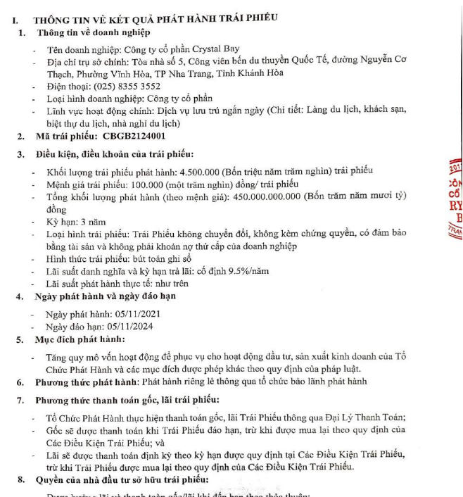 Thông tin công bố phát hành thành công 450 tỷ đồng trái phiếu (Nguồn: Cbons)
