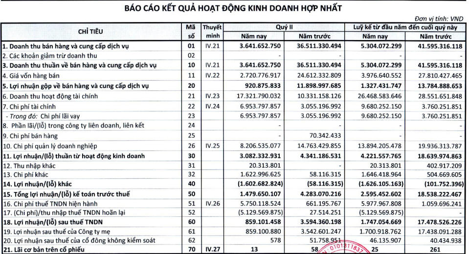 Báo cáo tài chính kết quả hoạt động kinh doanh hợp nhất (Nguồn: VC3)