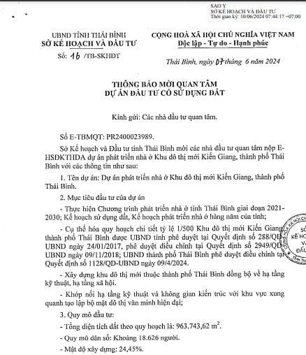 Văn bản kêu gọi đầu tư của tỉnh Thái Bình &nbsp;