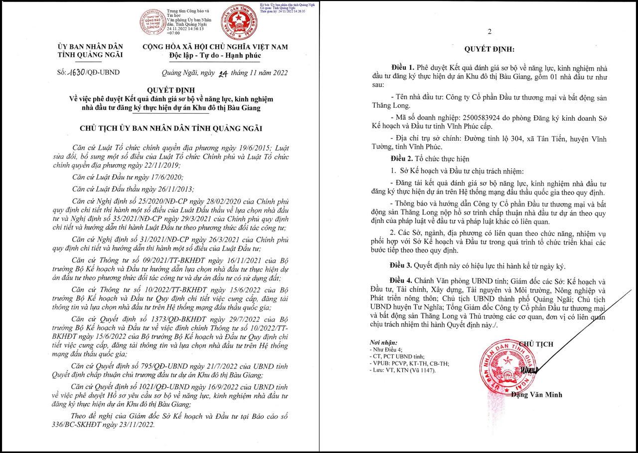 Quyết định về việc phê duyệt kết quả đánh giá sơ bộ về năng lực, kinh nghiệm nhà đầu tư đăng ký thực hiện dự án Khu đô thị Bàu Giang. &nbsp;