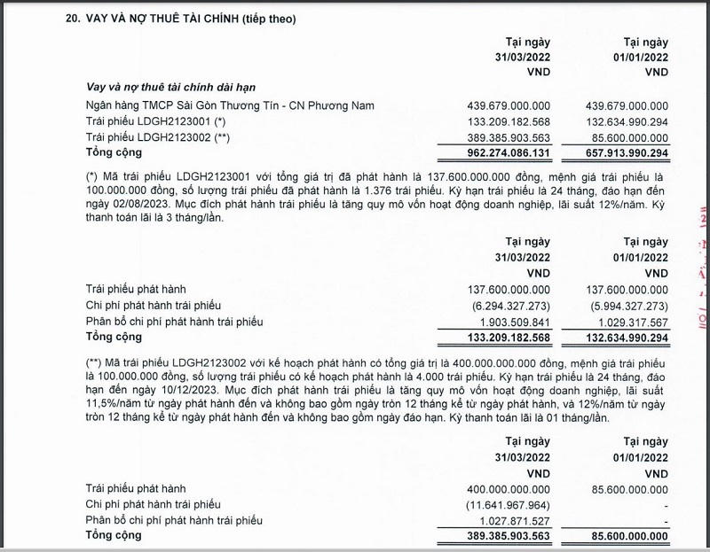 Vay và nợ thuê tài chính dài hạn của LDG tính đến hết quý I/2022. &nbsp;