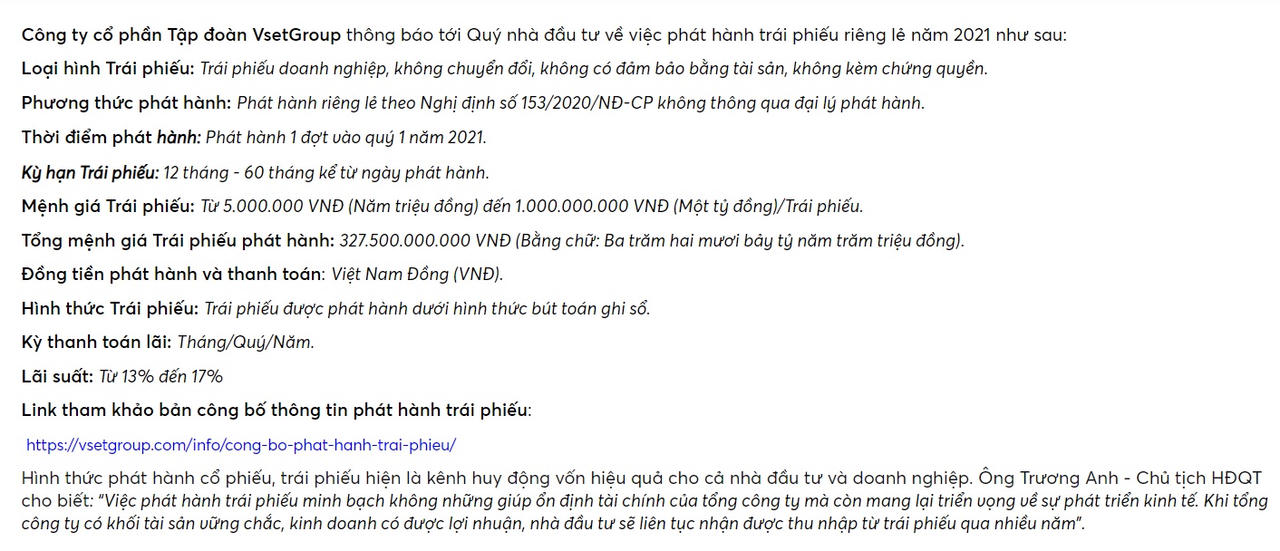 Vietsetgroup phát hành trái phiếu sai quy định, có dấu hiệu vi phạm pháp luật 