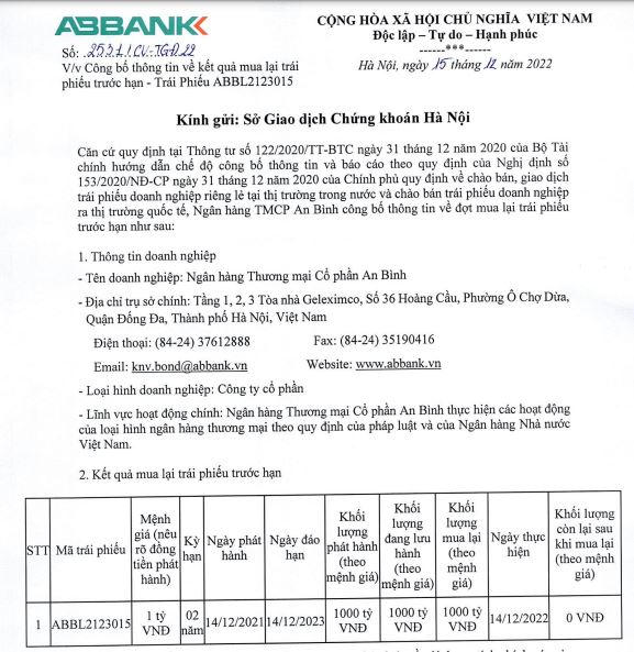 Ngân hàng An Bình tiếp tục chi hàng nghìn tỷ đồng mua lại trái phiếu trước hạn