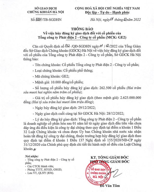 Thông báo về việc Huỷ giao dịch cổ phiếu GE2