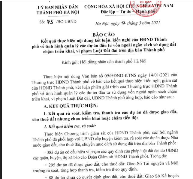 Báo cáo của UBND TP Hà Nội. &nbsp;