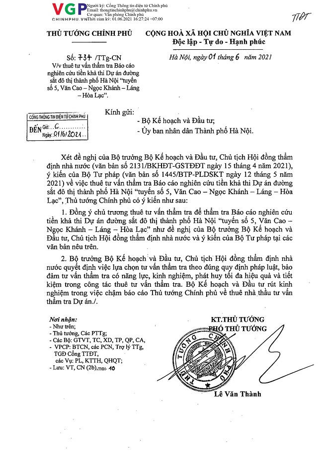 Toàn bộ văn bản của Thủ tướng Chính phủ về việc thuê tư vấn thẩm tra Báo cáo nghiên cứu tiền khả thi Dự án đường sắt đô thị Thành phố Hà Nội “tuyến số 5, Văn Cao – Ngọc Khánh – Láng – Hòa Lạc”. &nbsp;