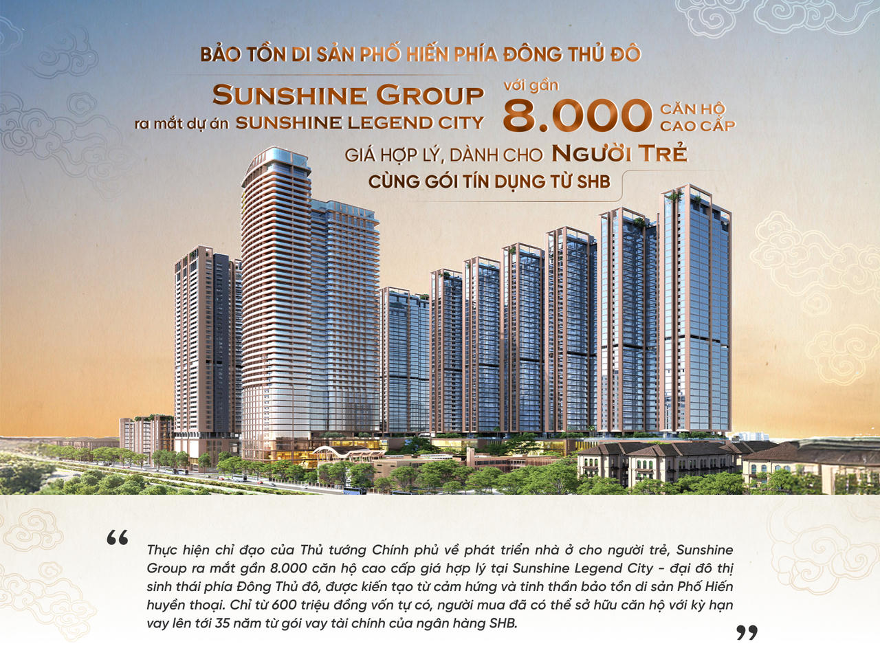 Sunshine Group ra mắt Sunshine Legend City với gần 8.000 căn hộ cao cấp giá hợp lý dành cho người trẻ cùng gói tín dụng từ SHB - góp phần bảo tồn di sản Phố Hiến phía Đông Thủ đô