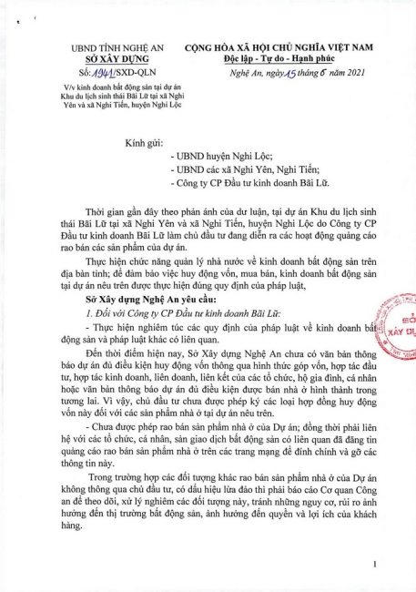 Công văn số 1941/SXD-QLN của Sở Xây dựng Nghệ An về việc dự án Meyresort Bãi Lữ đang được rao bán khi chưa đủ điều kiện. (Nguồn: UBND tỉnh Nghệ An) &nbsp;