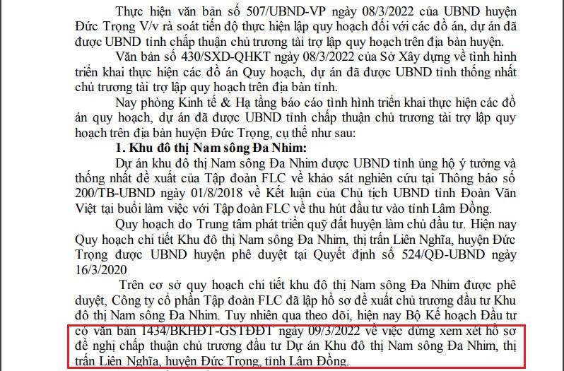 Báo cáo về tình hình triển khai dự án Khu đô thị Nam sông Đa Nhim của Tập đoàn FLC (nguồn: UBND huyện Đức Trọng). &nbsp;