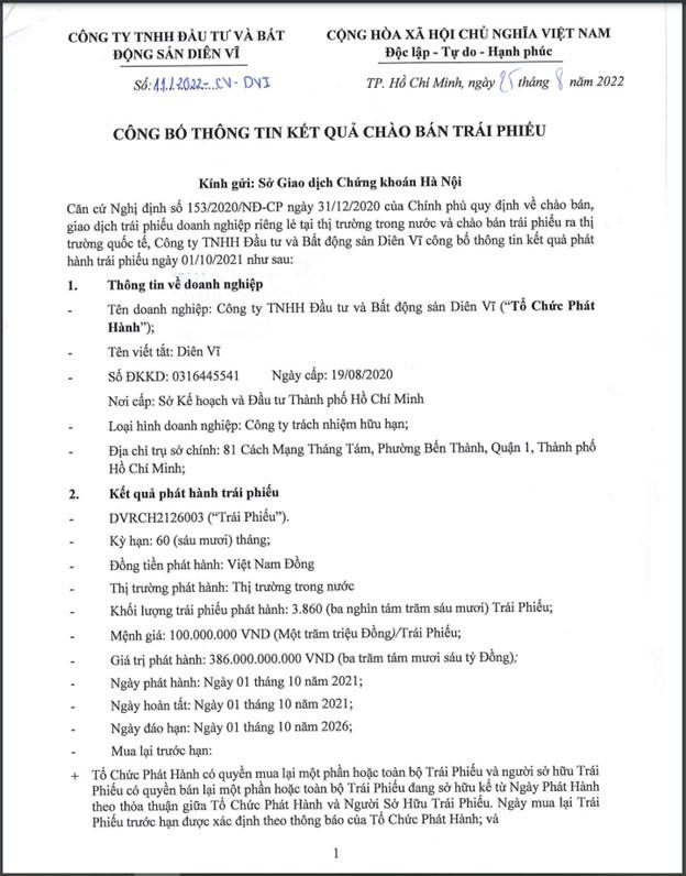 Lô trái phiếu trị giá 386 tỷ đồng được Bất động sản Diên Vĩ phát hành thành công vào cùng ngày. &nbsp;