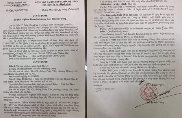 UBND quận Ho&agrave;ng Mai đ&atilde; phạt h&agrave;nh ch&iacute;nh 40 triệu đồng với C&ocirc;ng ty TNHH MTV đầu tư Phương Đ&ocirc;ng.