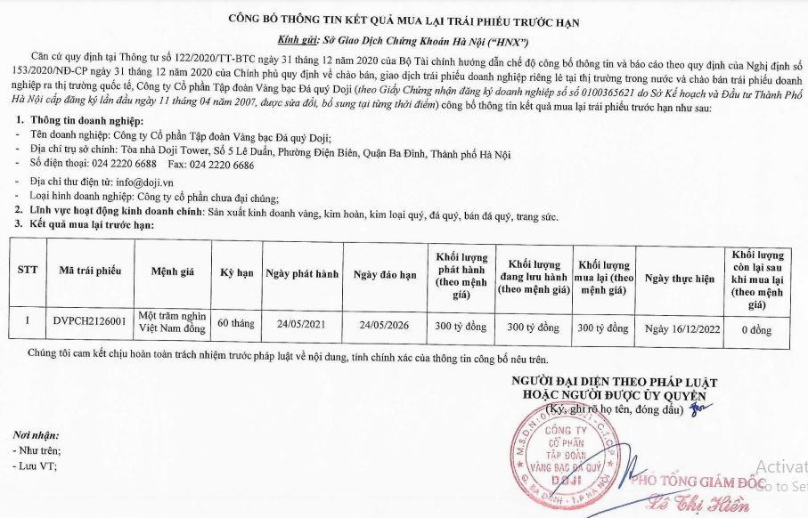 Đại gia vàng miếng Doji chi hàng nghìn tỷ đồng mua lại trái phiếu trước hạn